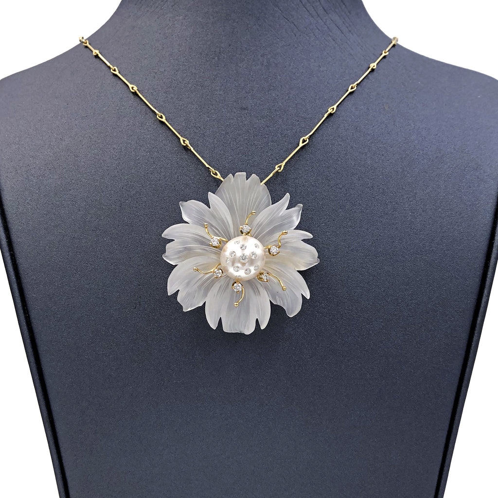 Russell Trusso Carved Rock Crystal White Diamond Pearl Flower