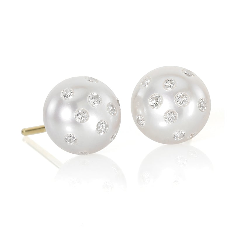 Russell Trusso White Freshwater Pearl Diamond Gold Stud Earrings