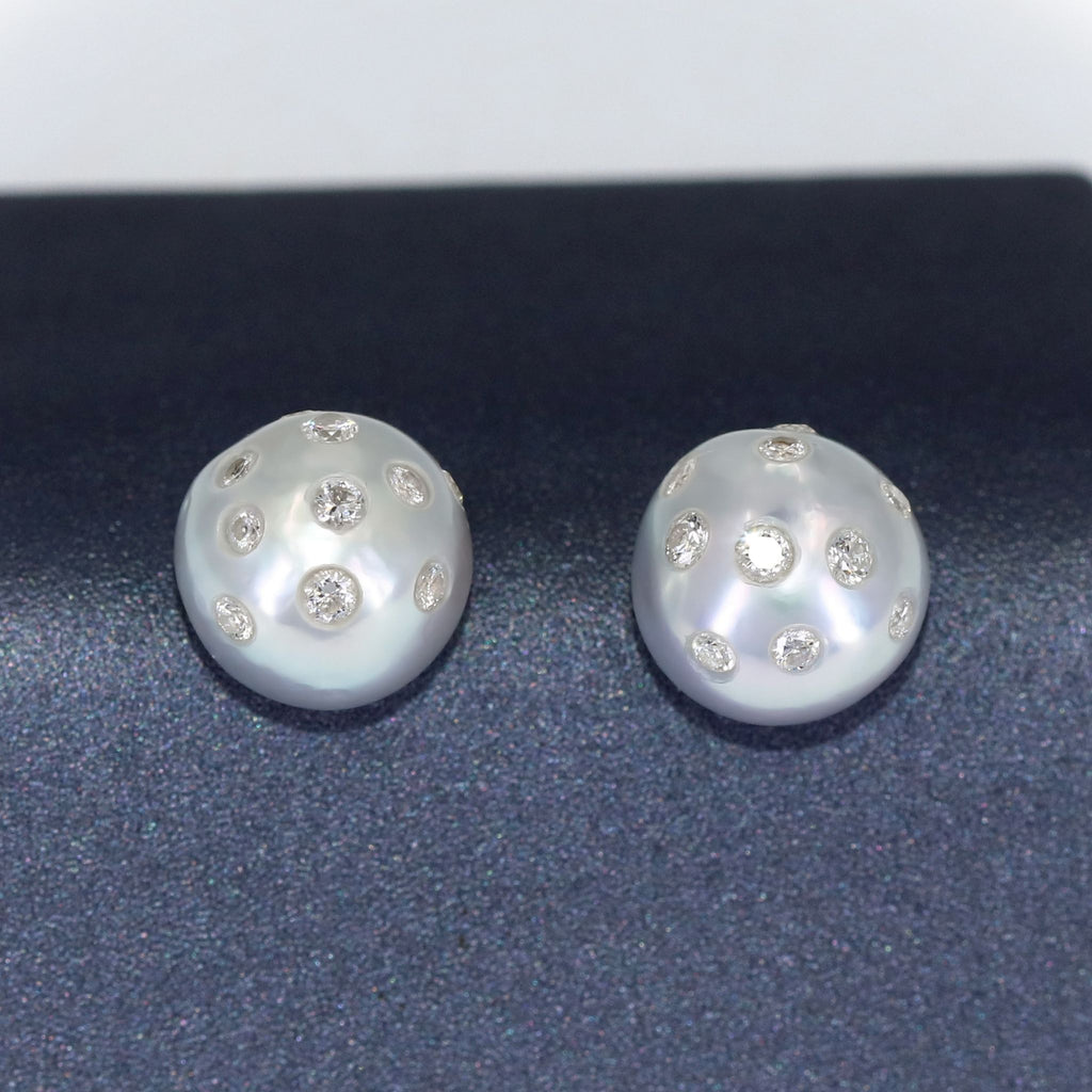 Russell Trusso Diamond Embedded Silver Pearl Stud Earrings Russell Trusso