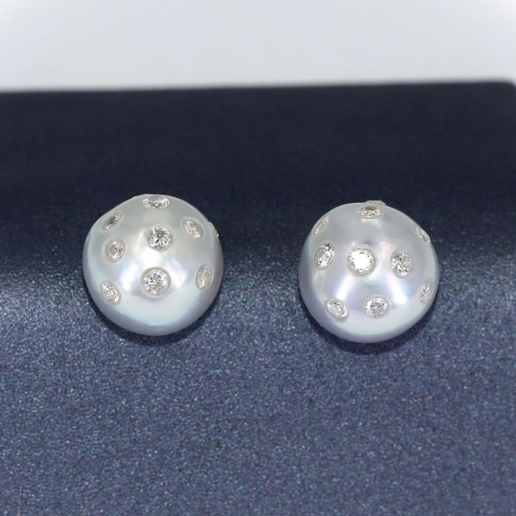 Russell Trusso Diamond Embedded Silver Pearl Stud Earrings