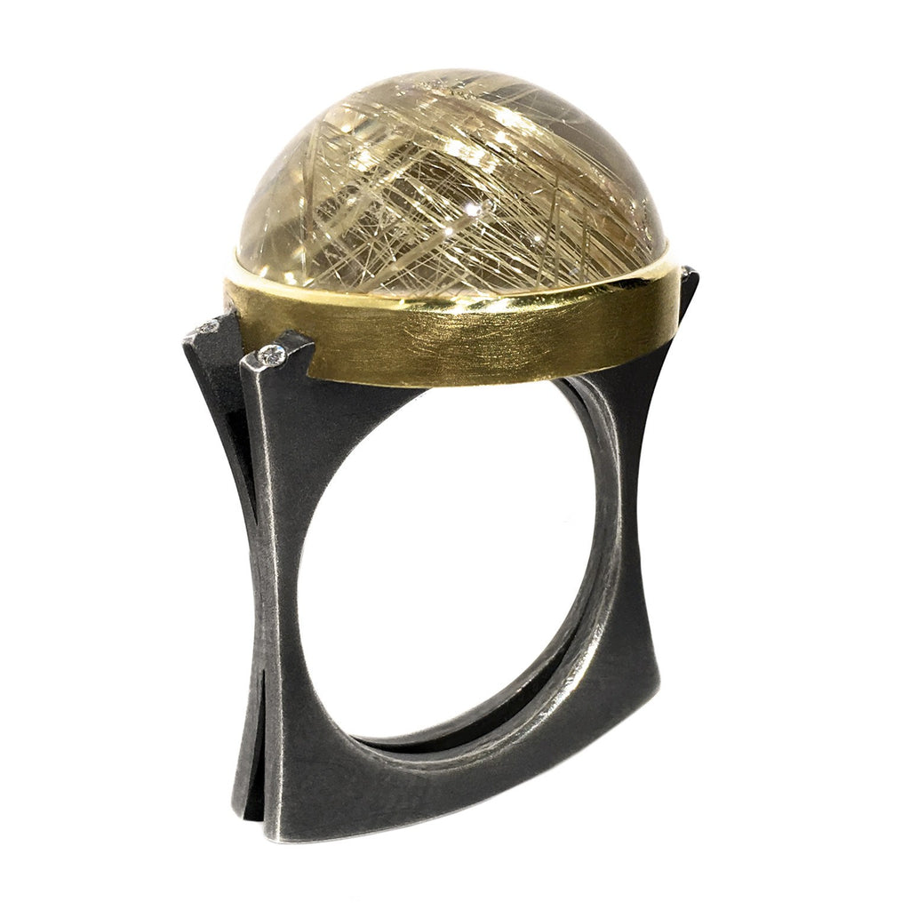 Robin Waynee Golden Rutilated Quartz Diamond Silver Gold Dome Ring Robin Waynee