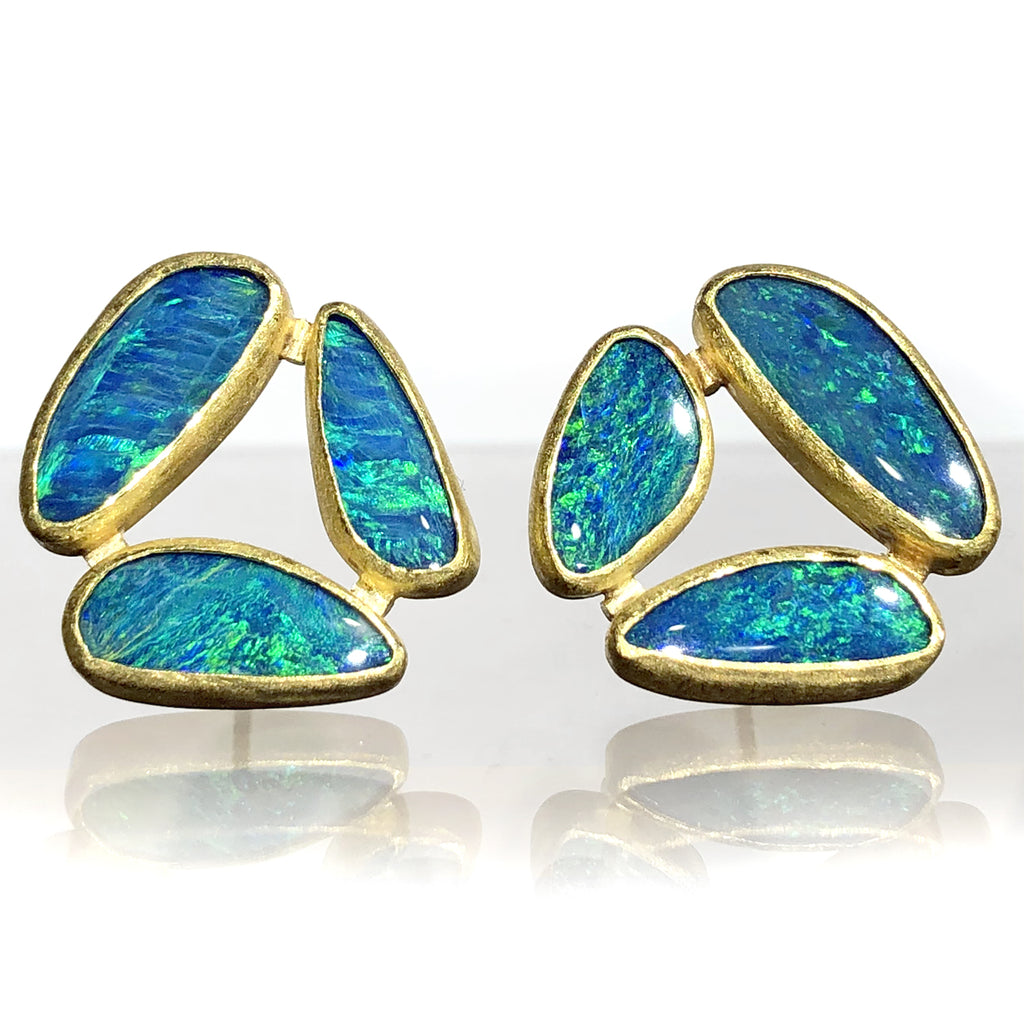 Petra Class Australian Opal Triple Stone Gold Stud Earrings
