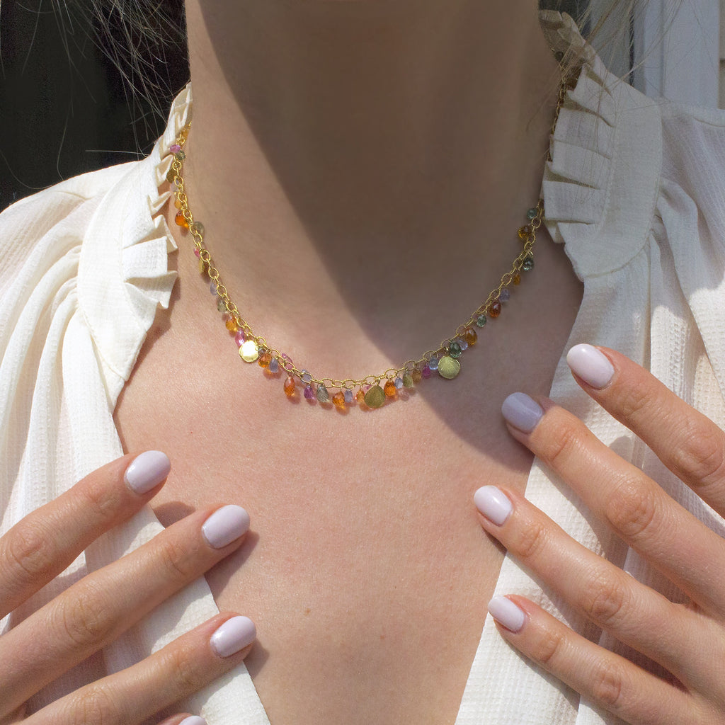 Barbara Heinrich Multicolored Sapphire Faceted Briolette Gold Petals Necklace (Special Order) Barbara Heinrich