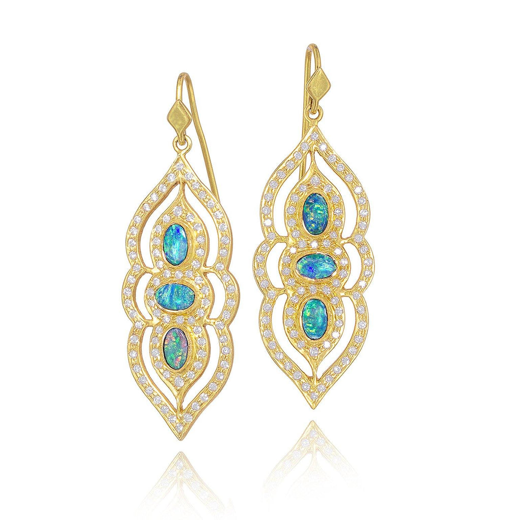 Lauren Harper Boulder Opal White Diamond Arabesque Drop Earrings (Special Order) Lauren Harper